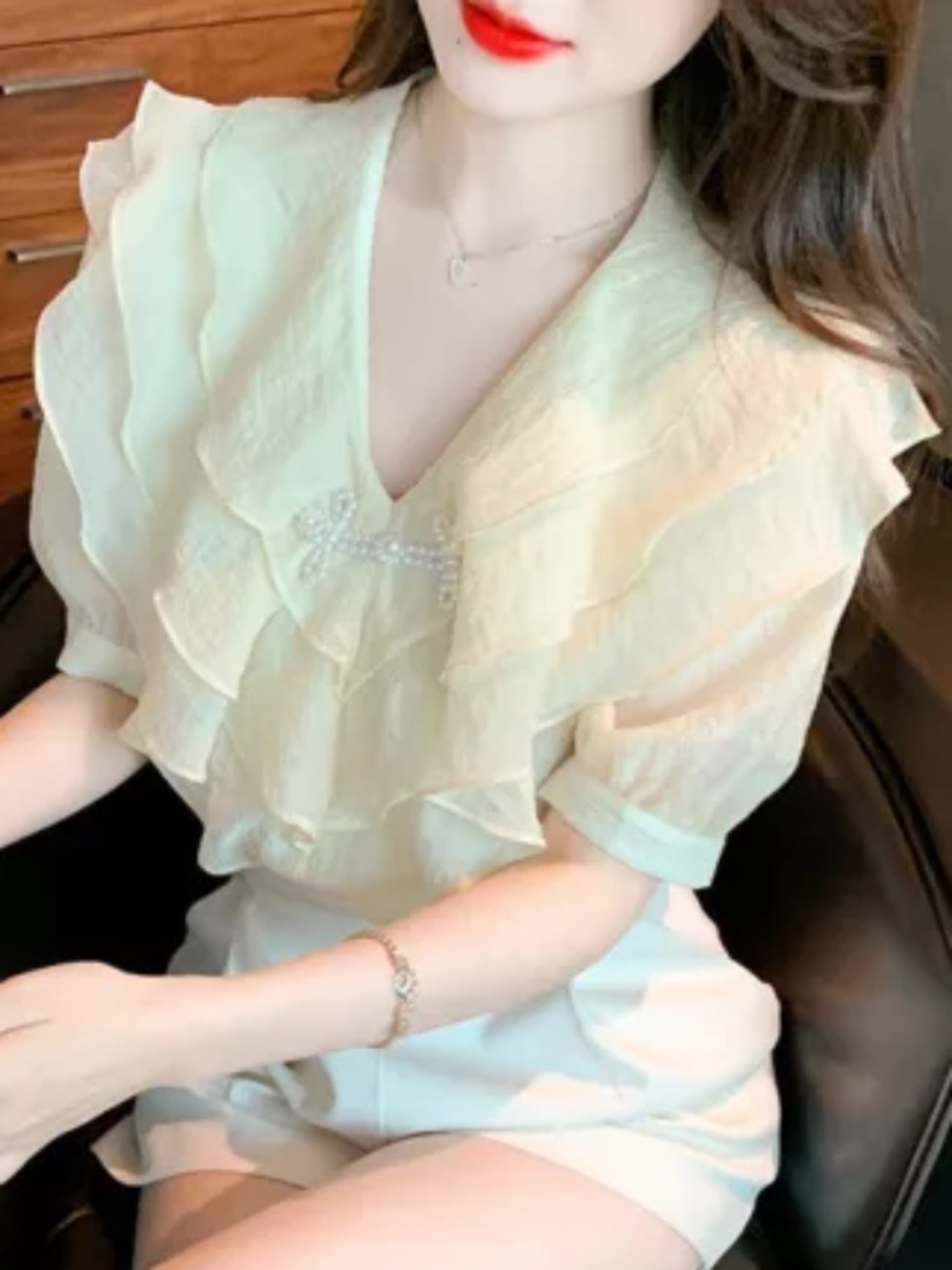 Korean Fashion Elegant Women Ruffle Beaded Fairy Summer Casual Tops Blouse Shirt